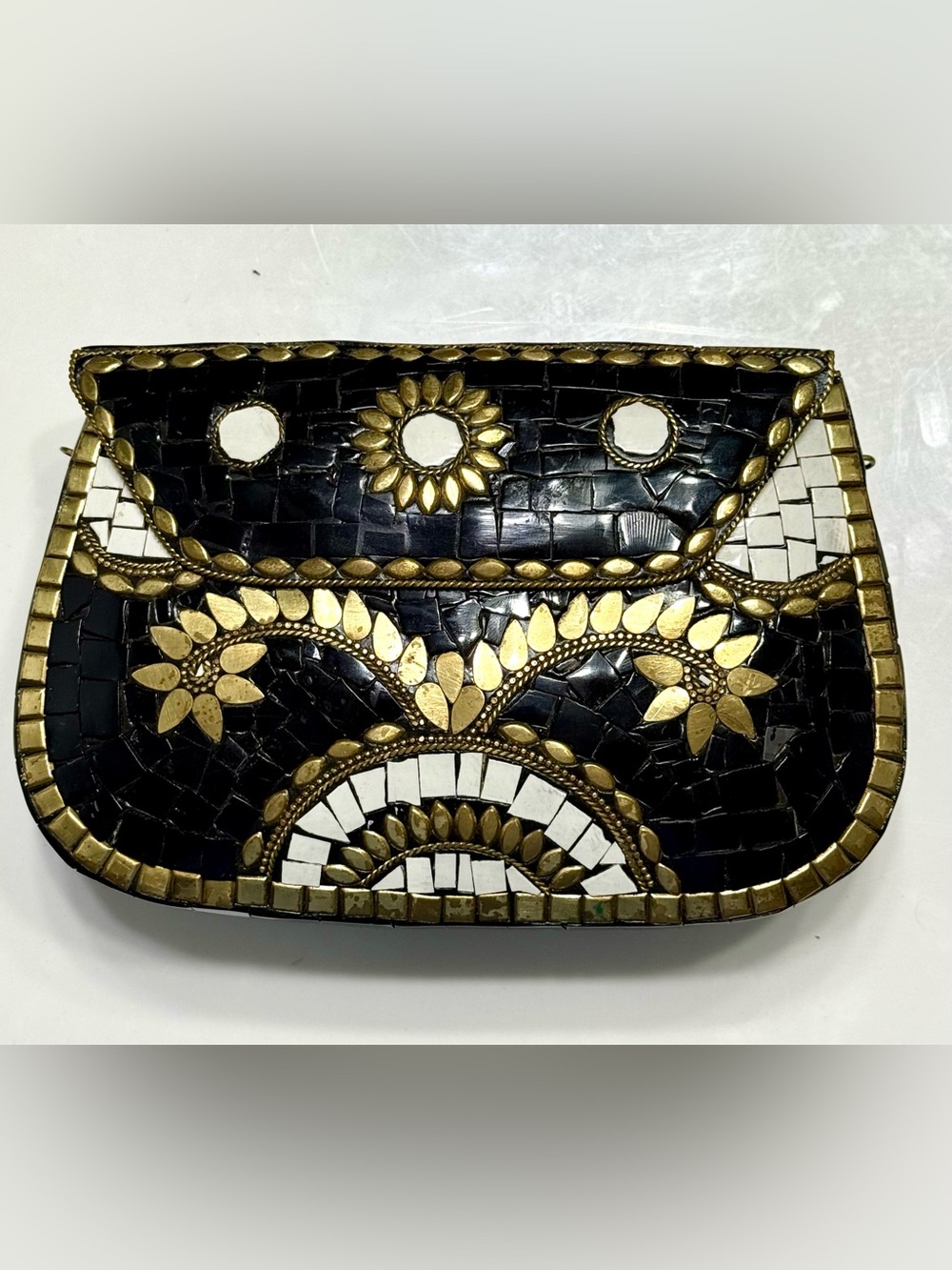 Antik Kraft Amoli Tile Mosaic Clutch Crossbody Black Gold Statement Handbag Glam